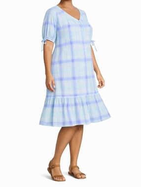 Terra & Sky Mint Blue Plaid Prairie Dress Tiered Tie Sleeve Size 2X